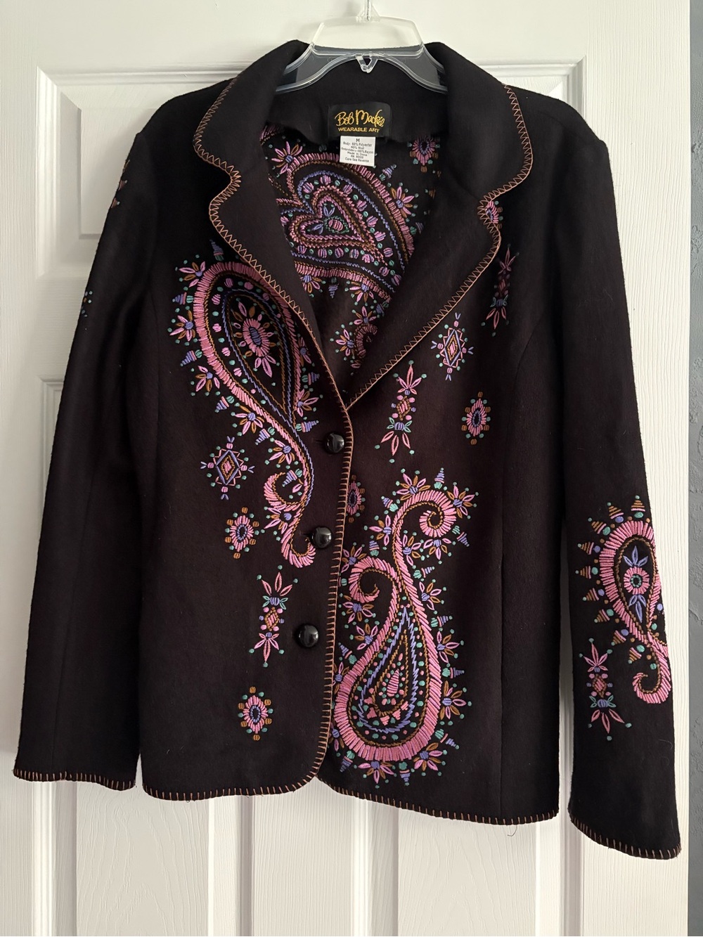 BOB MACKIE Wearable Art Women's Black Embroidered Pink Purple Paisley Jacket Med